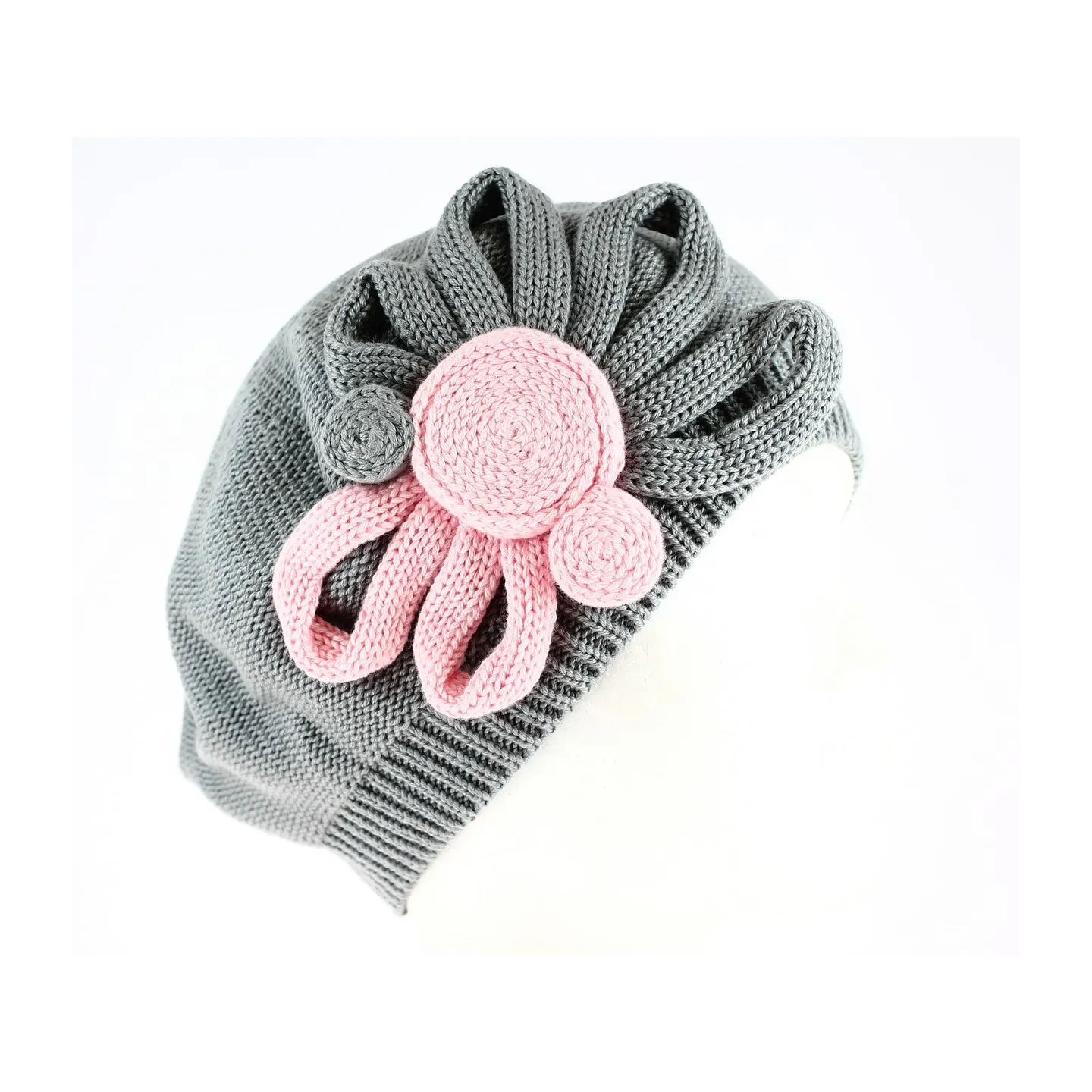 Béret Leïla Coton Fleur Gris & Rose- BeBeret Reference : 9033 | Chapellerie Traclet