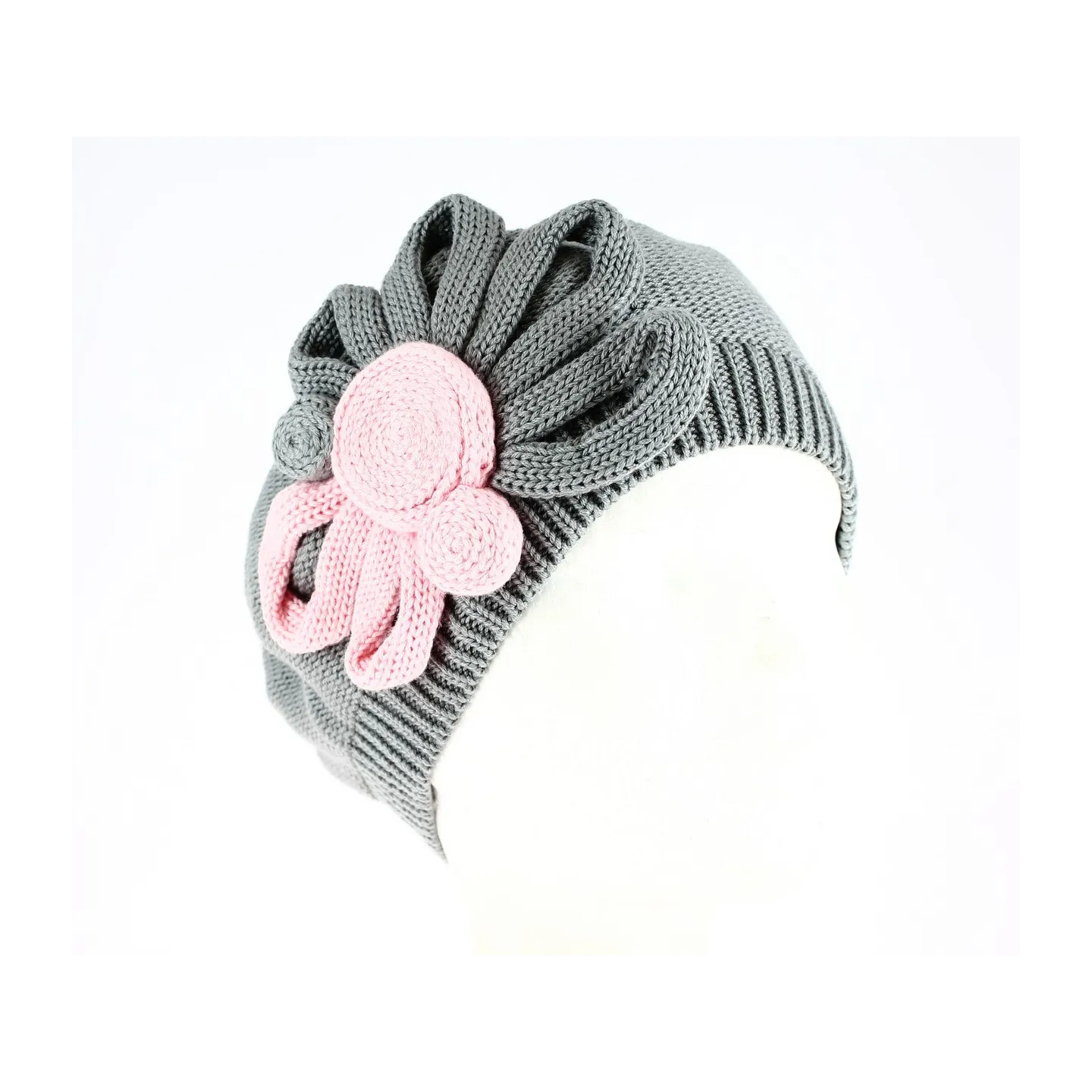 Béret Leïla Coton Fleur Gris & Rose- BeBeret Reference : 9033 | Chapellerie Traclet
