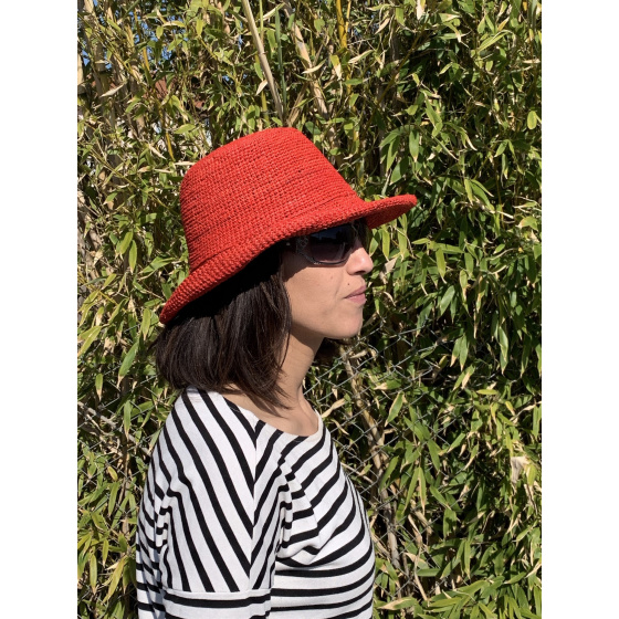 Red Camellia Raffia Breton Hat - Traclet