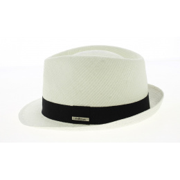 White Paper Straw Trilby Hat with Black Ribbon - Traclet