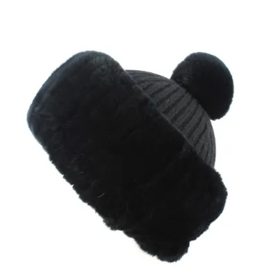 Bonnet à Pompon Rex Cachemire & Fourrure Noir- Traclet  Reference : 8427 | Chapellerie Traclet