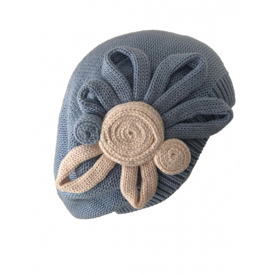 Leïla Cotton Beret Blue & Pink Flower - BeBeret Leïla Cotton Beret Blue & Pink Flower - BeBeret