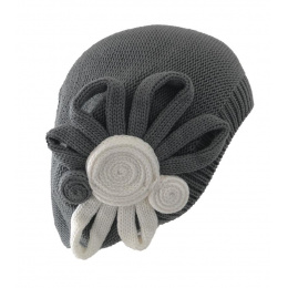 Leila Cotton Beret with Grey & White Flower - BeBeret
