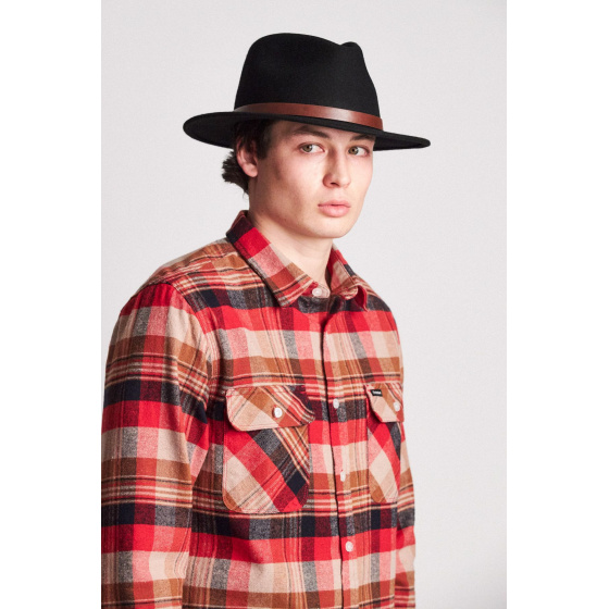 Black Wool Felt Fedora Hat Messer with brown leather - Brixton