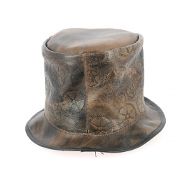 Chapeau haut de forme fantaisie cuir et velours marron