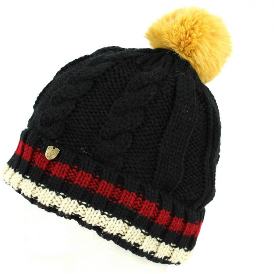 Absie Tricolor Black Pom-Pom Beanie - Traclet