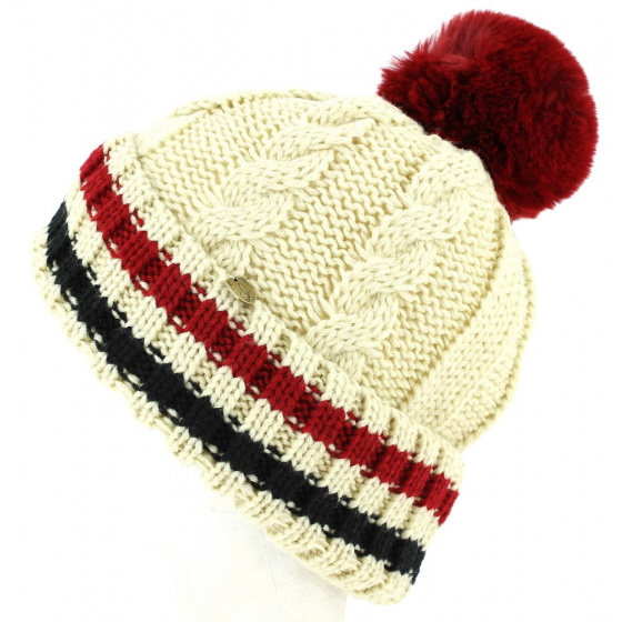 Beige Tricolor Absie Pompom Beanie - Traclet