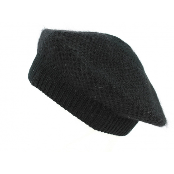 Black Angora Honeycomb Beret - Traclet Black Angora Honeycomb Beret - Traclet
