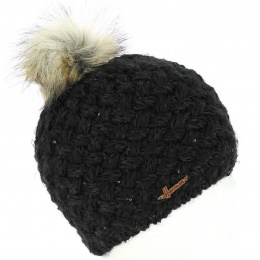 Maggy Faux Fur Wool Pom-Pom Beanie Black - Herman