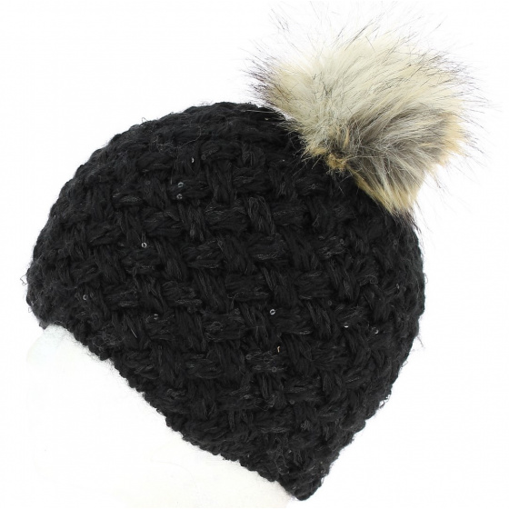 Bonnet Pompon Maggy Fausse Fourrure Laine Noir- Herman