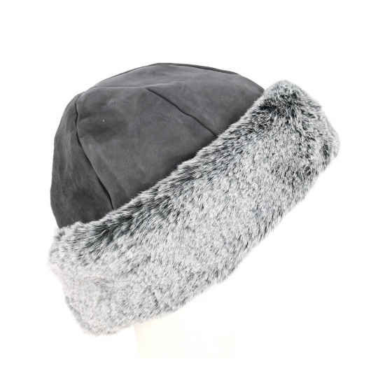 Nayeli Leather & Faux Fur Beanie Anthracite - Traclet