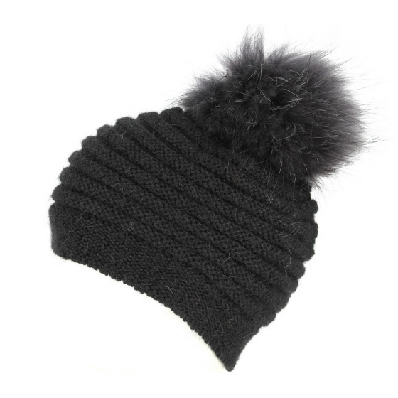 Sagrado Pompon Hat Wool & Mohair Fur Black- Traclet