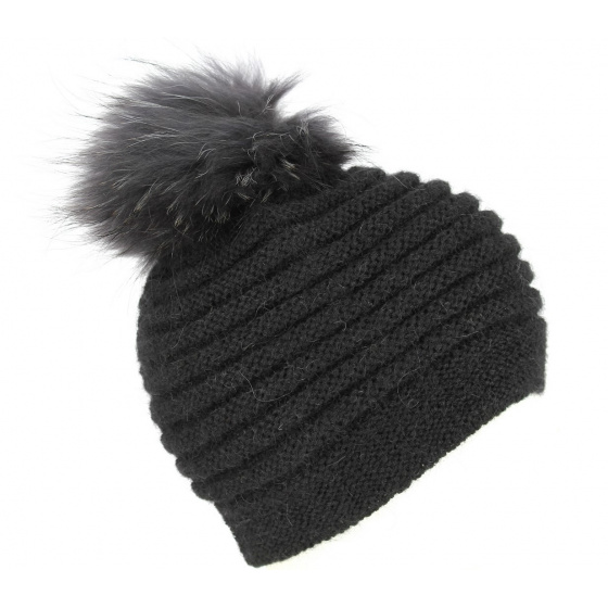 Bonnet à Pompon Sagrado Fourrure Laine & Mohair Noir- Traclet Bonnet à Pompon Sagrado Fourrure Laine & Mohair Noir- Traclet
