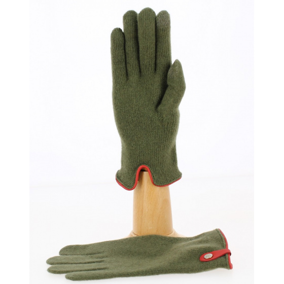 Gants Tactiles Séville Laine & Cachemire Kaki /Rouge- Traclet