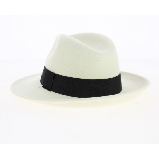 White Wool Felt Fedora Hat with Black Ribbon, Waterproof - Traclet White Wool Felt Fedora Hat with Black Ribbon, Waterproof - Traclet