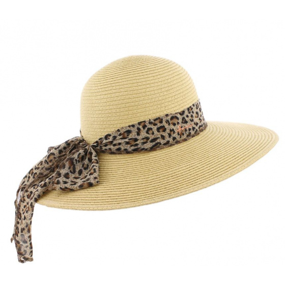 Queen Pastel Wide-Brimmed Hat in Paper Straw Beige & Leopard Print - Herman