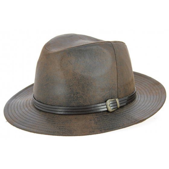 Brown Faux Leather Nanno Fedora Hat - Traclet