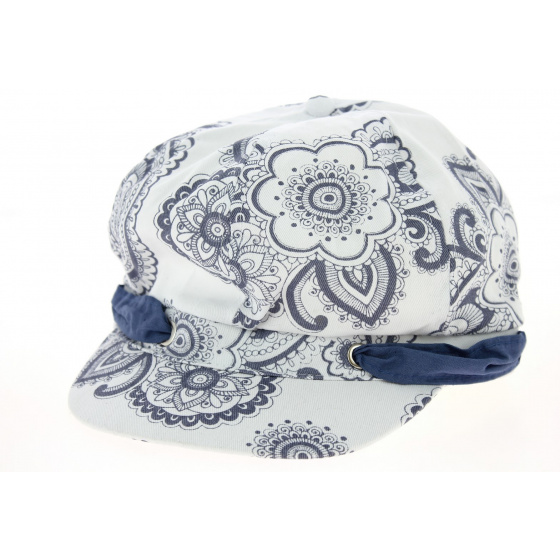White Cotton Newsboy Cap with Mandala Pattern - Traclet