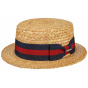Natural Straw Boater Hat with Red & Navy Blue Ribbon - Stetson