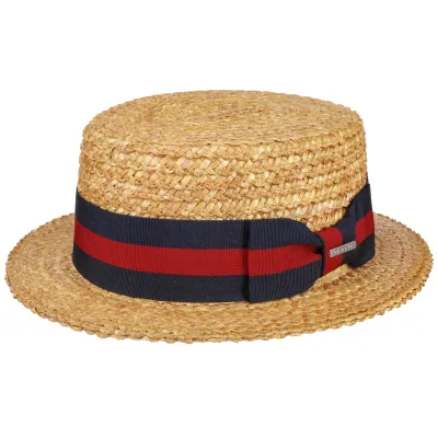 Canotier Paille Naturelle Ruban Rouge & Bleu Marine- Stetson Reference : 10172 | Chapellerie Traclet