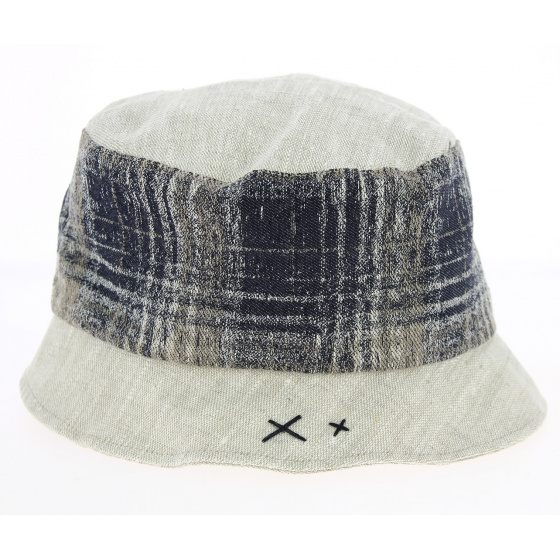 Beige & Navy Blue Linen Cloche Hat - Traclet