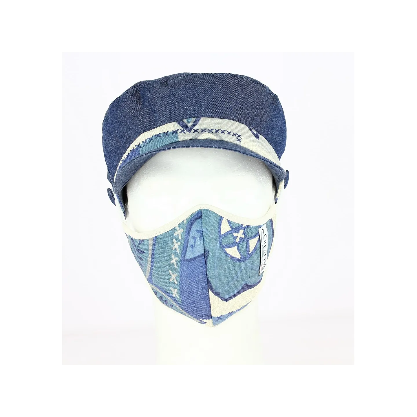 Stewart Cap + White & Blue Hawaii Cotton Mask Kit - Traclet Reference: 10369 | Traclet Hat Shop
