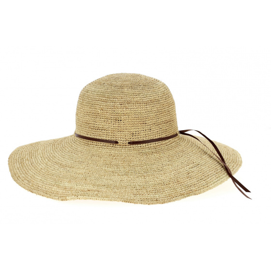 Monique Raffia Straw Wide-Brimmed Hat with Brown Leather - Traclet