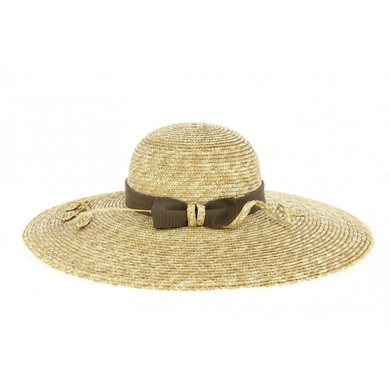 Natural Straw Wide Brim Hat Daisie with Brown Ribbon - Traclet Natural Straw Wide Brim Hat Daisie with Brown Ribbon - Traclet