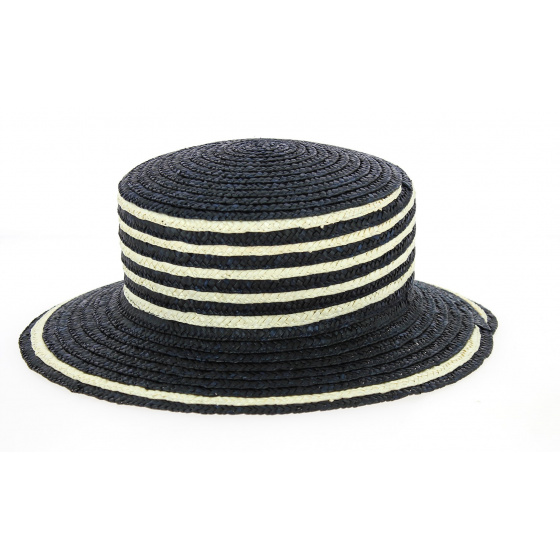 Chapeau Cérémonie Paille Hélène Bleu Marine & Blanc- Traclet 