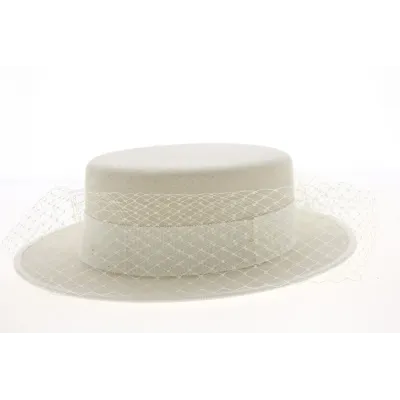 Boater Hat With Veil Wool Felt White - Traclet Reference: 10847 | Chapellerie Traclet