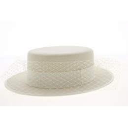Boater Hat With Veil Wool Felt White - Traclet