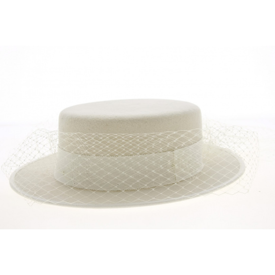 Boater Hat With Veil Wool Felt White - Traclet
