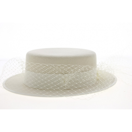 Boater Hat With Veil Wool Felt White - Traclet Boater Hat With Veil Wool Felt White - Traclet