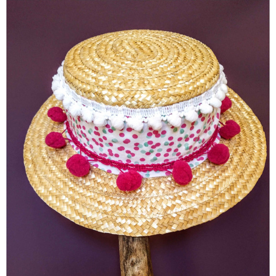 Girl's boater hat with pompom / Unique creation from TRACLET Hat Shop workshops