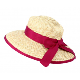Hepburn Wide Brim Hat Natural Straw Pink Ribbon - Flechet