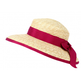Hepburn Wide Brim Hat Natural Straw Pink Ribbon - Flechet