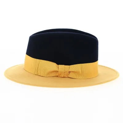Chapeau Fedora feutre laine Venise bleu marine & jaune - Traclet