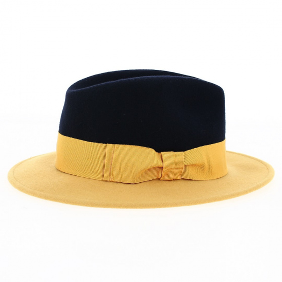 Chapeau Fedora feutre laine Venise bleu marine & jaune - Traclet Chapeau Fedora feutre laine Venise bleu marine & jaune - Traclet
