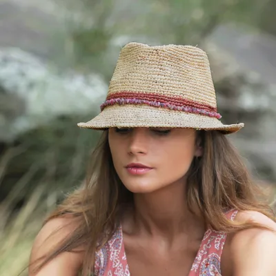 Chapeau Trilby Paille Raffia Naturel Rose - House Of Ord