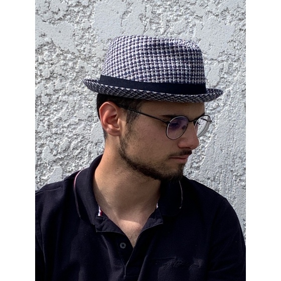 Trilby Bertho Houndstooth Cotton Hat Navy Blue - Marone