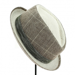 Porkpie Diamond Beige & Brown Linen Hat - Alfonso d'Este