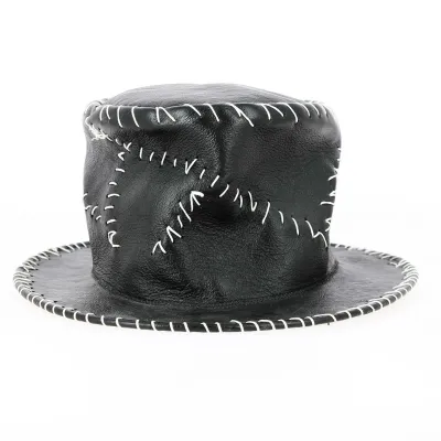 Black leather top hat with white stitching