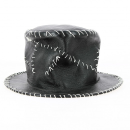Chapeau Haut de forme cuir noir avec surpiqûre blanche