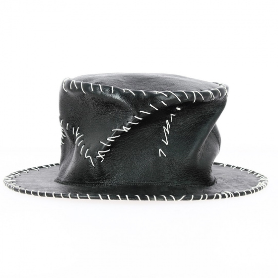 Black leather top hat with white stitching