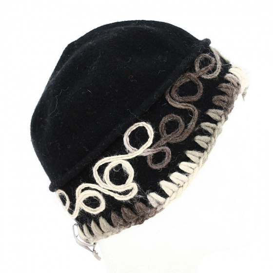 Béret - Bonnet Laine asymétrique noir avec fleurs - Traclet Béret - Bonnet Laine asymétrique noir avec fleurs - Traclet