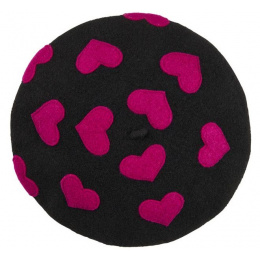 Béret Maupassant Laine Noir à Motifs Coeur - Laulhère