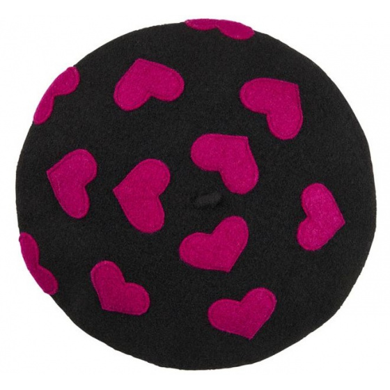 Maupassant Wool Beret Black with Heart Pattern - Laulhère
