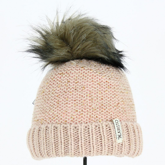Marlene Pompon child hat Powder pink wool - Kristo