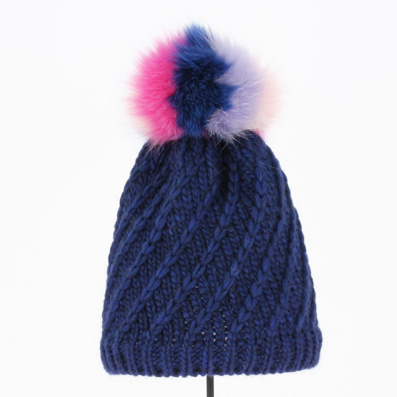 Navy Blue Twisted Pompon Beanie - Traclet