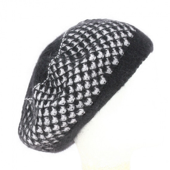 Beret - Angora knit hat Losange Bi-color Black and gray - Traclet